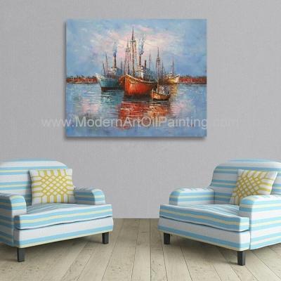 中国 Sun Rise Fishing Boats Oil Painting Single Panel Abstract Wall Art 販売のため