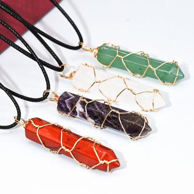 China This is Natural Large Size Hexagonal Hand-wound Hexagonal Column Golden Pendant Wire Wrapped Bullet Necklace Girls Gift for sale