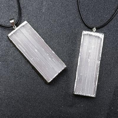 China Natural White Rectangle Selenite Stone Edged Moroccan Rough Raw Cut Rectangular Stone Necklace Pendant for sale