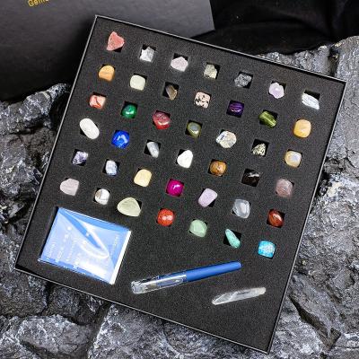 China Natural Wind 42 Kinds Of Natural Crystal Agate Irregularly Polished Raw Stone Teaching Specimens Various Gift Box Stone Set for sale