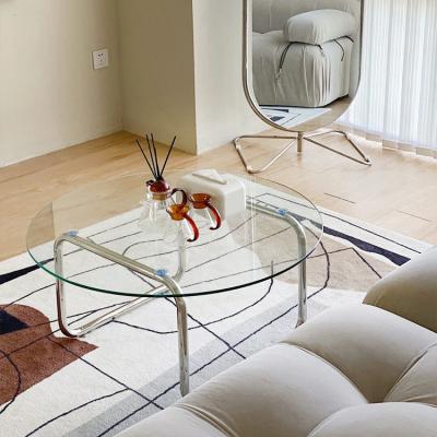 China (Other) Customized U-shaped Base Adjustable Sofa Side Table Clear Round Coffee Table Top Tempered Glass Stainless Steel Tea Table for sale