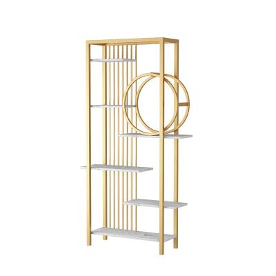 China Multi-Layer Storage Display Floor Shelf Cabinet Rack (Other) Adjustable Modern Luxury Living Room Partition Office Shelf Gold Wrought Iron for sale