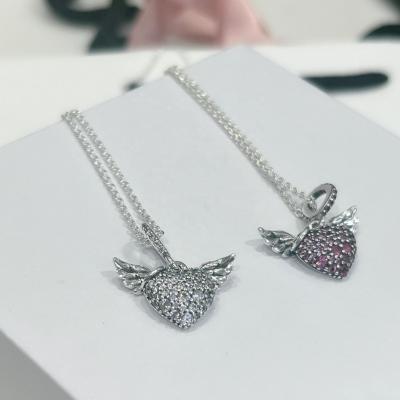 China New Design Women Lead Free Nickel Free Plated Good Angel Wings Full White Zircons Polish Red CZ Small 925 Sterling Silver Necklace for sale