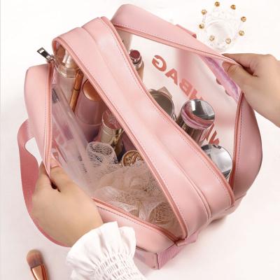 China Waterproof Transparent Makeup Bag Women's Large Capacity PU Large Capacity Storage Logo Cosmetic Bag for sale