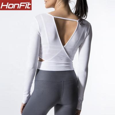 China Antibacterial Deep V Back Sport Long Sleeve Yoga Crop Top Athletic Gym Shirt for sale