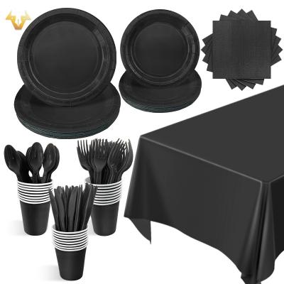 China Disposable New spot solid color party set black paper cups, paper towels, paper plates, party decorations for sale