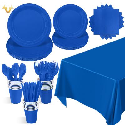 China Disposable Hot spot solid color dinner plate party set sapphire blue paper cup paper towel tablecloth disposable party supplies wholesale c for sale