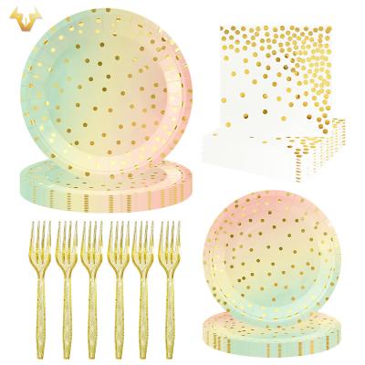 China Festival Decoration New off stock gradient bronzing Dinner Plate set Paper plate Paper Towel Fork Party supplies 100 piece set for sale