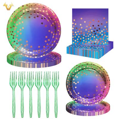 China Festival Decoration New spot fluorescent color gradient gilding tableware set thickened paper plate paper towel disposable fork OPP package 100 piec for sale