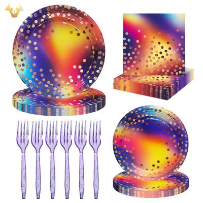 China Paper New spot purple dazzle tableware set thickened paper plate paper towels disposable bronzing tableware supplies for sale