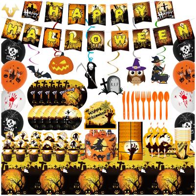 China Whiteboard paper new goods  Halloween party disposable paper plate cup tableware set Halloween Themed Party Banner Cutlery Decoration suit for sale