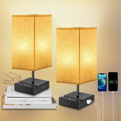 China Modern Desk Lamp With Phone Charger Bedside Lamp 3 Way USB Led Touch Dimmable Lamp With AC Outlet USB Charging Ports for sale