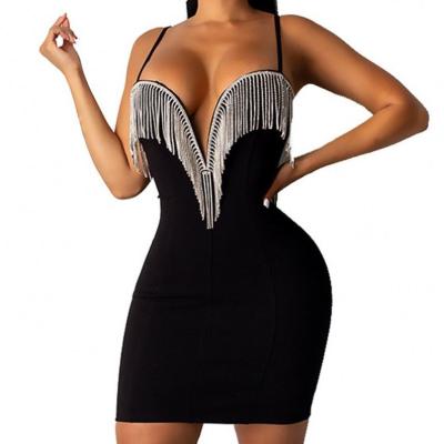 China Anti-Wrinkle Geo'Peck Hot Sale Sequins Sexy Tassel V-Neck Sleeveless Spaghetti Straps Bandage Sexy Club Dress for sale