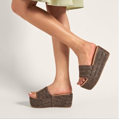 China 2021 Fashion Trend Straw Wedge-Heel Flip-Flop Wear Women's Shoes With Peep Toe High Heels for sale