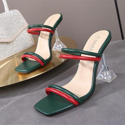 China 2021 fashion trend style green color match color slides outer glass the new heels women's high heels for sale