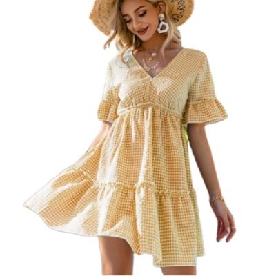 China Anti-Static Girls' Elegant Casual Mini Short Sleeve A Line Pleated Dress Beach Dresses for sale