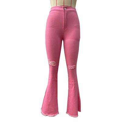 China Causal new QUICK DRY woman stacked jeans split edge denim pants high quality pink hip skinny flare pants women trousers for sale