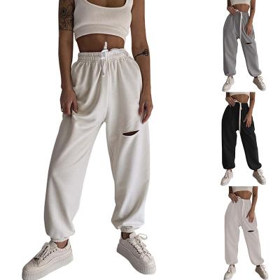 China 2021 Wholesale Anti-wrinkle Cotton Customize Fleece Sweatpants Women New Fashion Ripped Sweatpants for sale