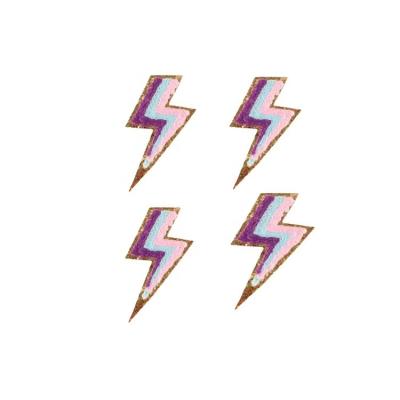 China Beautiful Gold Glitter Handmade Iron On Chenille Lightning Bolts Patches For Clothing for sale