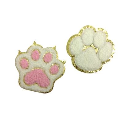 China Cartoon Handmade Iron On Cat Dog Paw Shape Chenille Towel Patches For Hoodies Sweatshirt for sale