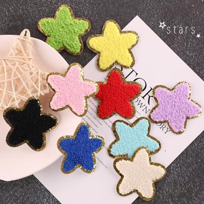 China Handmade Custom Iron On Gold Glitter Star Shape Embroidery Chenille Patches For Hat for sale