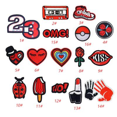 China Handmade Wholesale Red Color Theme Iron Embroidered Patches For Apparel for sale