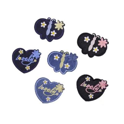 China Beautiful Handmade Blue Pink Yellow Heart Butterfly Shape Embroidery Textile Patches For Baby Clothing for sale