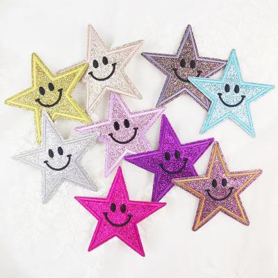 China Handmade Fashionable Iron On Colors Star Smiley Face Embroidery Glitter Patches For Garment for sale