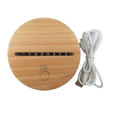 China Touch Desk Base Modern Round Wooden Battery Holder For Acrylic 3D LED Night Light With USB Cable for sale