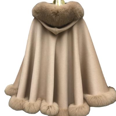 China Fox Fur Trimmed Cashmere MWfur Women Fashion Luxurious Fox Fur Trimmed Wool Cape Poncho With Hood For Women for sale