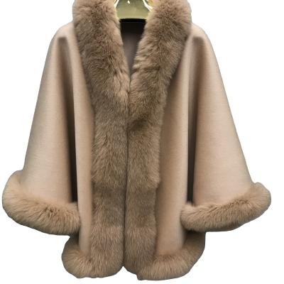 China New Arrival Wool+cashmere MWfur Winter Warm Shawl Ladies Poncho Luxury Elegant Double Sided Cashmere Cape With Fox Fur Trim For Women for sale