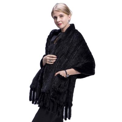 China Double Sided Mink Fur Hand Knitted Lady Real Mink Fur Scarf Natural Mink Fur Scarf Shawl Women Winter With Pockets for sale