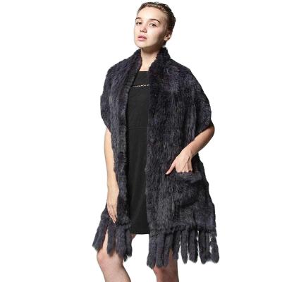 China Women Real Hand Knitted Long Rabbit Fur Shawl With Fur Tassel Pockets for sale