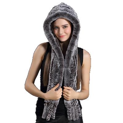 China Ladies JOINT Rex Rabbit Fur Hat Hooded Scarf Winter Knitted Real Fur Hats For Woman for sale