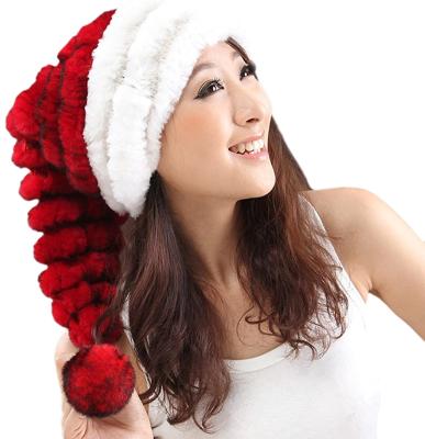 China MWfur Christmas Gift Novelty Striped Fun Santa Hat Winter Warm Pompom Rex Rabbit Fur Christams Hat For Women for sale