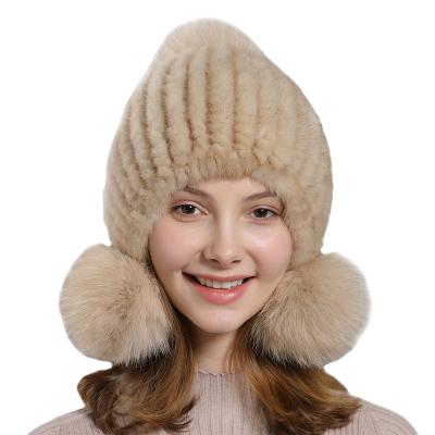 China 3 Cute Female Hand Knitting Beanies COMMON Pompoms Winter Flip Natural Mink Fur Hat For Women for sale