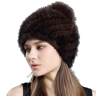 China Real COMMON Mink Fur Hat Female Hat Ladies Winter Hand Knit Mink Fur Beanies With Fox Fur Pompoms Hat for sale