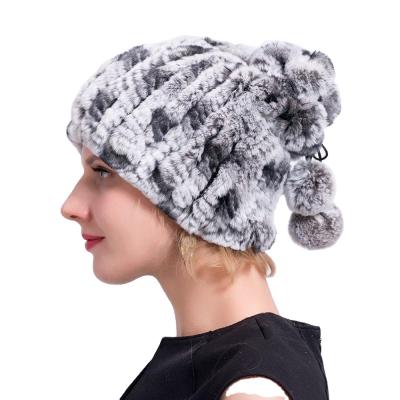 China MWfur Real Fur Hat Hand Knitted Cowl Neck Pompom Warmer Caps Set Women's Rex Rabbit Fur Hat Real Fur Hat For Winter for sale