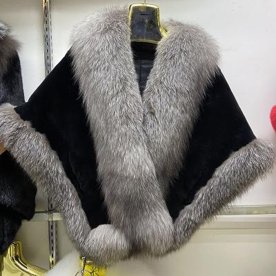 China Real Genuine MWFur Winter Fur Cape Women Rex Rabbit Fur and Fox Fur Fashion Real Fox Fur Luxury Rex Rabbit Poncho Trimmed for Party for sale