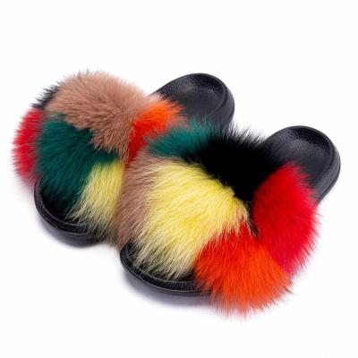 China 2021 anti-slip new design and style fox fur slippers with different colors for women and girls for sale