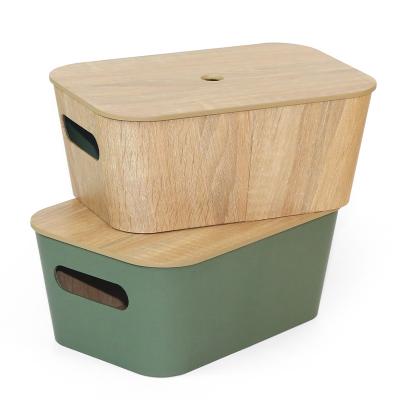 China Naham Viable Wood Grain Sieres Durabl Sundries Stackable Paper Storage Box With Handle And Lid for sale