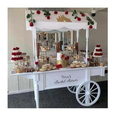 China Wedding White With Wheels Flower Decorative And Wooden Food Candy Cart Display Wedding Party Sweet Dessert Cart for sale