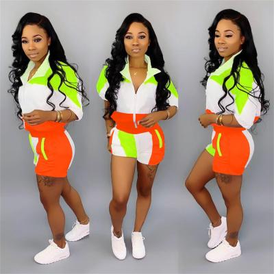 China Breathable Wholesale Two Piece Sets S3534 Lapel Casual Sports Contrast Color Splicing Mid Sleeve Shorts Suit Women for sale