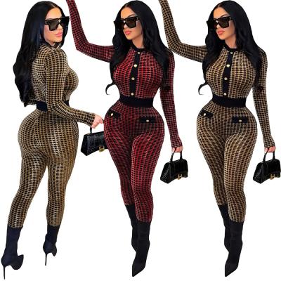 China S390258 stylish sexy plaid rompers button up long sleeve front bodycon jumpsuits one piece jumpsuits for women for sale