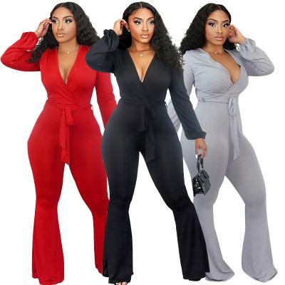 China QUICK DRY High Quality Casual Waist Solid One Piece Plus Size V Neck Long Sleeve Bell Bottom Panty Sets Overalls For Women for sale