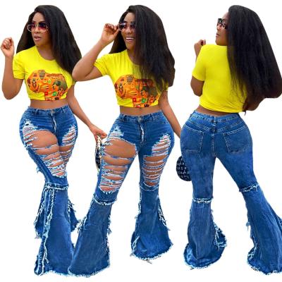 China Women Wear Tassel Hole Jeans QUICK DRY Casual Pants Flare Pants Women Ripped Jeans for sale