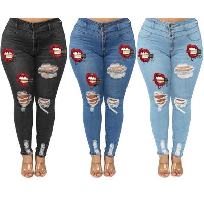 China PT8394 QUICK DRY plus size jeans for women high waist ripped jeans 2021 plus size jeans for women floral printed for sale