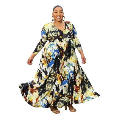 China Hot Selling Breathable Plus Size Women Pattern Printing V-Neckline Floral Maxi Long Dresses For Women for sale