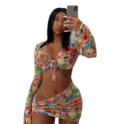 China Mesh Sheer Sexy QUICK DRY 3 Piece Set Club Wear Outfits For Women Beach Vacation Summer Clothes Crop Top Skirt For Women for sale