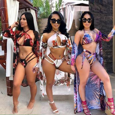 China 2021 Summer Women's Breathable Floral Print Hollow Out Swimwear Women's Swimwear 2021 Woman 3 Piece Set for sale